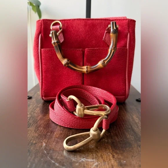 Gucci Red Suede Bamboo Mini Tote w/ Original Strap - Picture 4 of 13